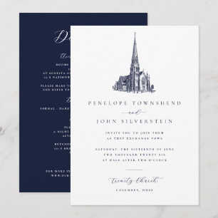 Invitation Élégante illustration vintage d'église pour mariag