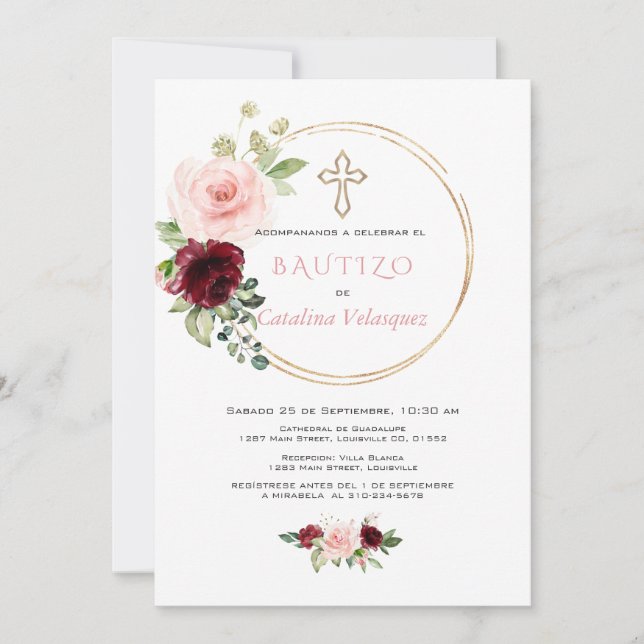 Invitation Elegante Invitacion De Bautizo Con Flores Espagnol (Devant)