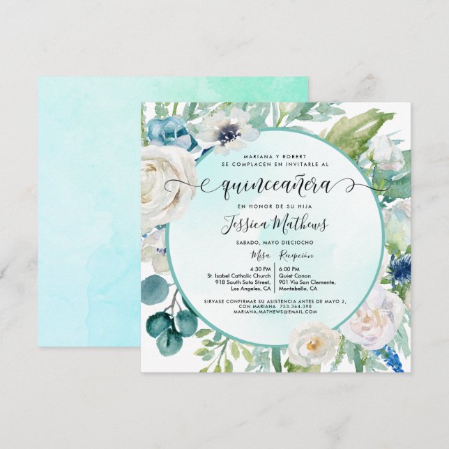 Invitation Elegante Invitación de Quinceañera Aqua Turquesa I (Devant / Derrière)