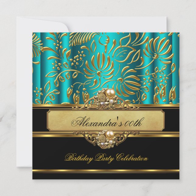 Invitation Elégante Jade Blue Green Gold Damask Pearl Party (Devant)
