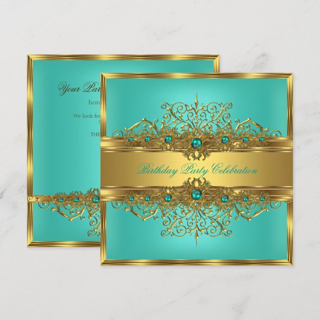 Invitation Élégante Jade de dentelle d'or Green Turquoise Pea (Devant / Derrière)