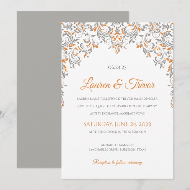 Invitation élégante | Kate (orange et gris) (Devant / Derrière)