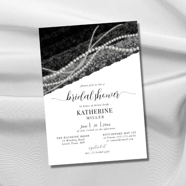 Invitation Elégante Lace Pearl Black White Chic Fête des mari (Créateur téléchargé)
