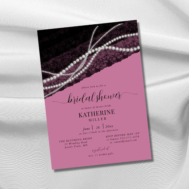 Invitation Elégante Lace Pearl rose noir Fête des mariées rus (Créateur téléchargé)