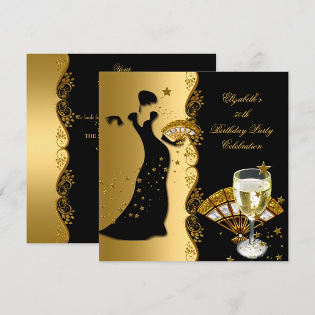 Invitation Elégante Lady Déco 50e Anniversaire Soirée Gold No (Devant / Derrière)