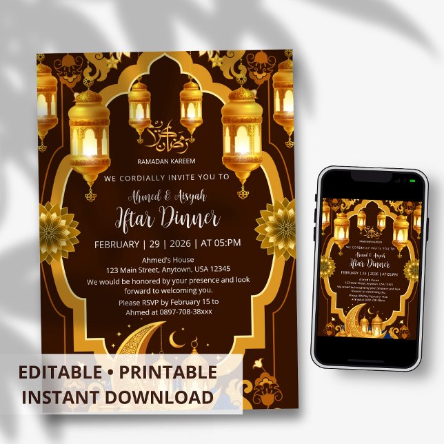 Invitation Élégante lanterne dorée et croissant de lune Ramad (Créateur téléchargé)