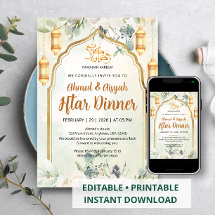 Invitation Élégante Lanterne Florale Verte Sauge pour Iftar d