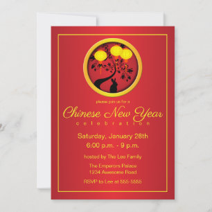 Invitation Élégante Lanternes en or lapin chinois du Nouvel A