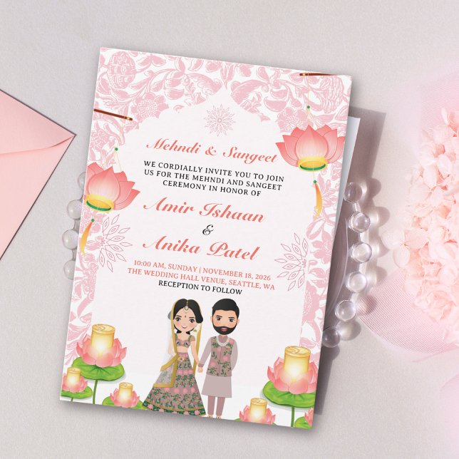 Invitation Élégante Lanternes Lotus Rose Mehndi Sangeet Indie (Créateur téléchargé)