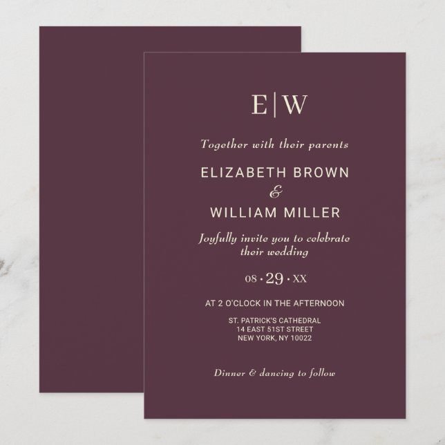 Invitation Elégante laque simple cerise, Mariage Monogramme (Devant / Derrière)