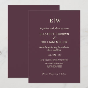 Invitation Elégante laque simple cerise, Mariage Monogramme