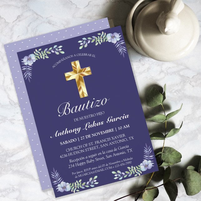 Invitation Elegante Lavanda Cruz De Oro Bautizo Bebé Invitati (Créateur téléchargé)