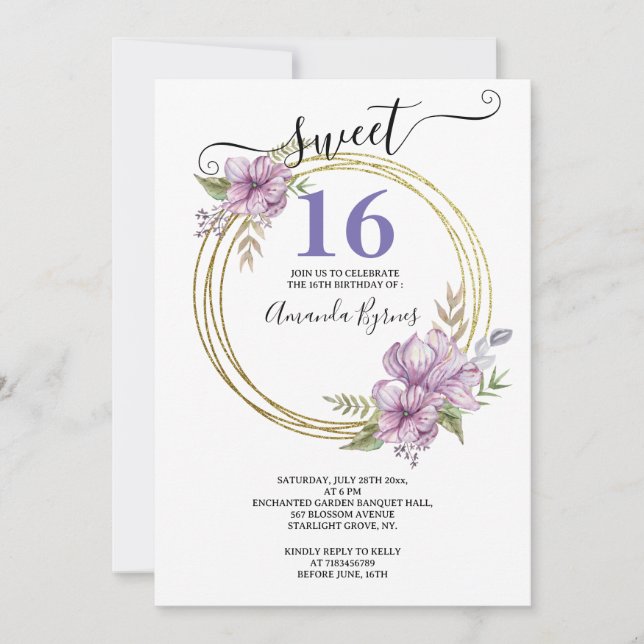 Invitation Élégante Lavande et Gold Sweet 16 Floral Circle (Devant)