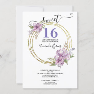 Invitation Élégante Lavande et Gold Sweet 16 Floral Circle