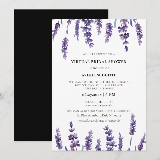 Invitation Elégante lavande florale Douche nuptiale virtuelle (Devant / Derrière)