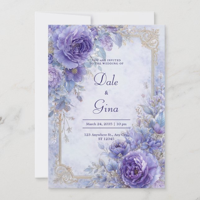 Invitation Élégante Lavande & Or Mariage Floral Baroque (Devant)