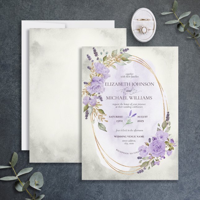 Invitation Elégante Lavande violette Florale or Aquarelle (Créateur téléchargé)
