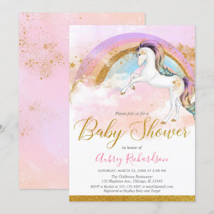 Invitation Elégante licorne baby shower fille pastel arc-en-c