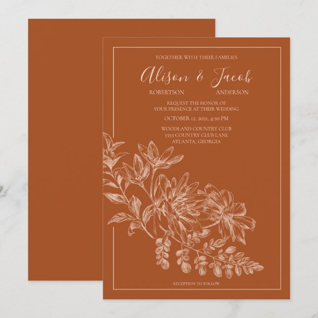 Invitation Élégante ligne dessinée Floral Terra Cotta Mariage (Devant / Derrière)