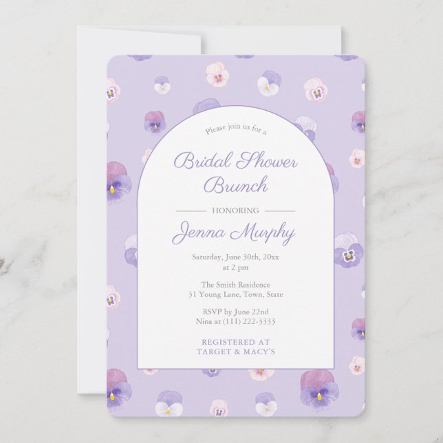 Invitation Elégante Lilac Pansies Fête des mariées Brunch Par (Devant)