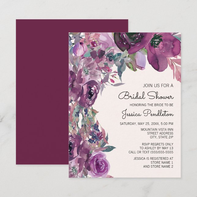 Invitation Élégante Lilac Plum Purple Fête des mariées Floral (Devant / Derrière)