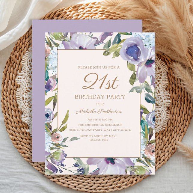 Invitation Elégante Lilac Purple Floral Verdure 21e Anniversa (Elegant purple watercolor floral 21st birthday party invitation)