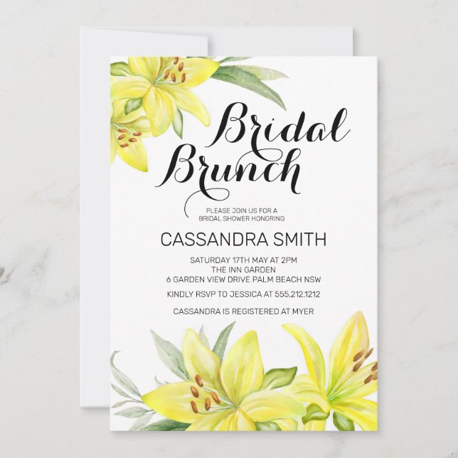 Invitation Elégante Lys Jaune Floral Bridal Brunch Douche (Devant)