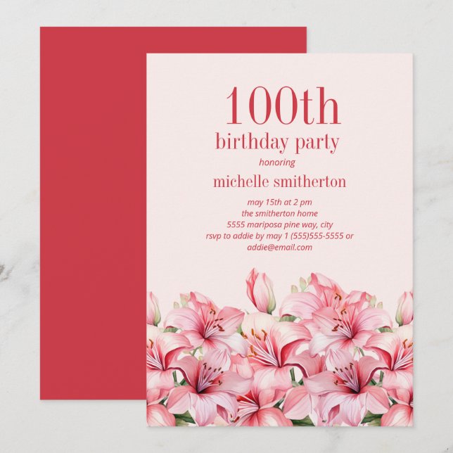 Invitation Élégante Lys rose 100e anniversaire (Devant / Derrière)