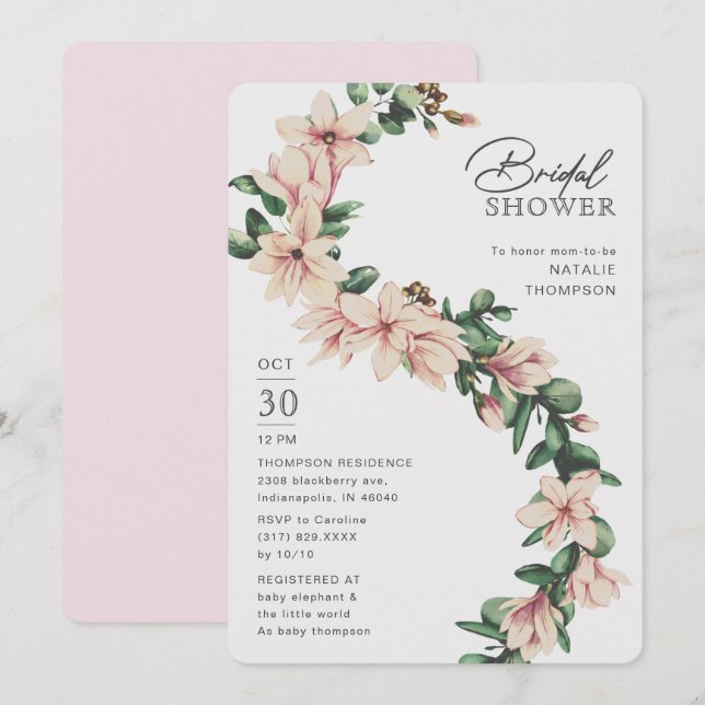 Invitation Elégante Magnolia Floral Blush Purple Fête des mar (Devant / Derrière)