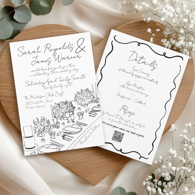 Invitation Elégante main dessinée noir et blanc Mariage moder (Elegant romantic hand drawn handwritten quirky scribble black and white floral table wedding invite)