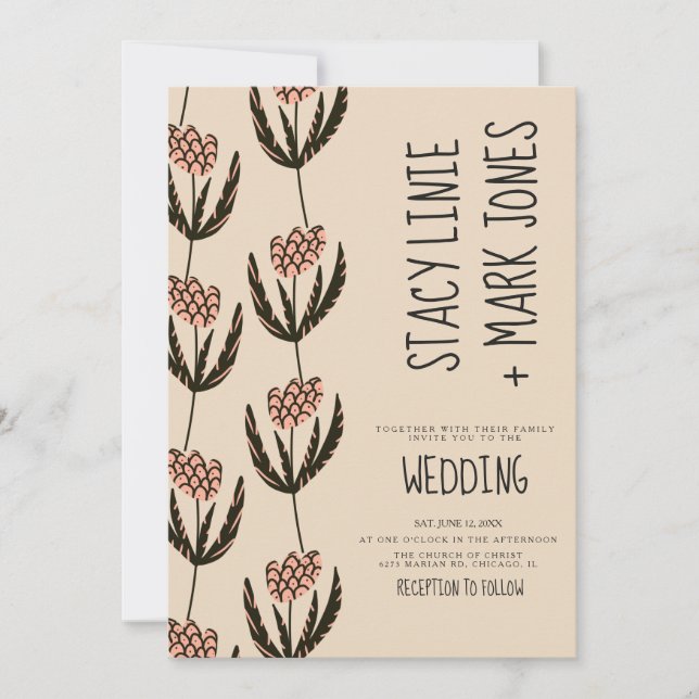 Invitation Elégante main florale tirée Mariage de script fant (Devant)