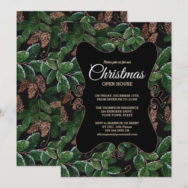 Invitation Élégante Maison À feuillage persistant de Noël (Devant / Derrière)