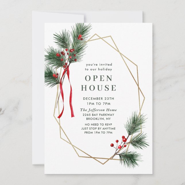 Invitation Élégante Maison ouverte de Noël Holly Berry Pine (Devant)