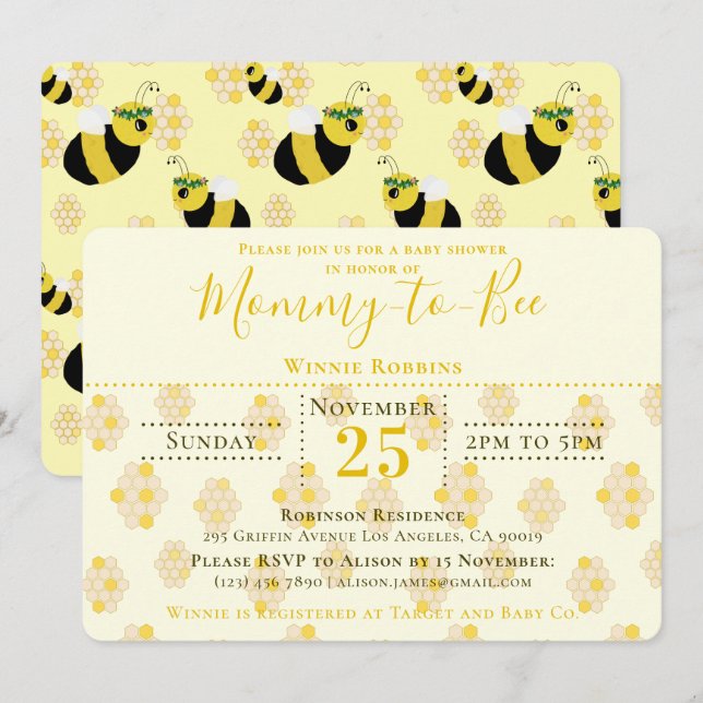 Invitation Élégante maman de peigne jaune à être Baby shower (Devant / Derrière)