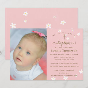 Invitation Élégante Marguerite rose Fille Baptême Religieux P