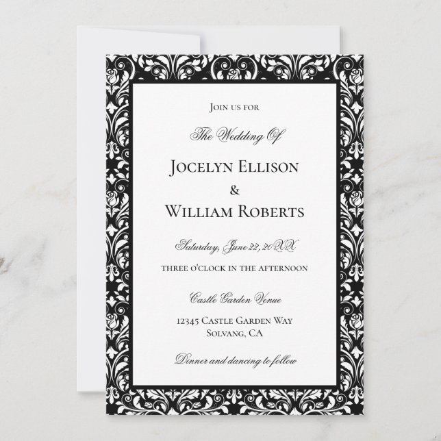 Invitation Élégante Mariage damassé Noir Et Blanc (Devant)