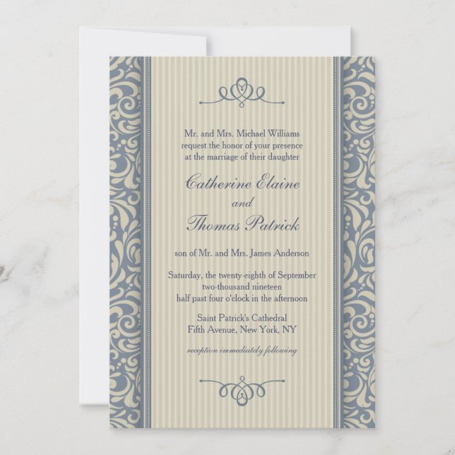Invitation Elégante Mariage Motif baroque Bleu et Beige (Devant)