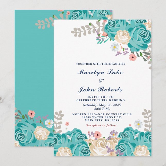 Invitation Elégante Mariage Vert Beige Rose Fleurs (Devant / Derrière)