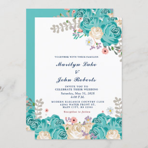 Invitation Elégante Mariage Vert Beige Rose Fleurs