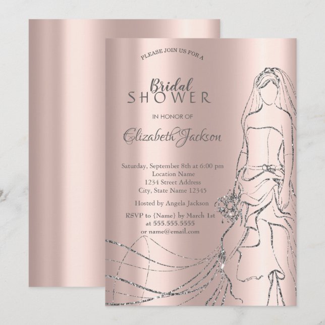 Invitation Élégante mariée d'argent, Rose Fête des mariées d' (Devant / Derrière)