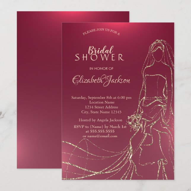 Invitation Élégante mariée d'or, Fête des mariées (Devant / Derrière)