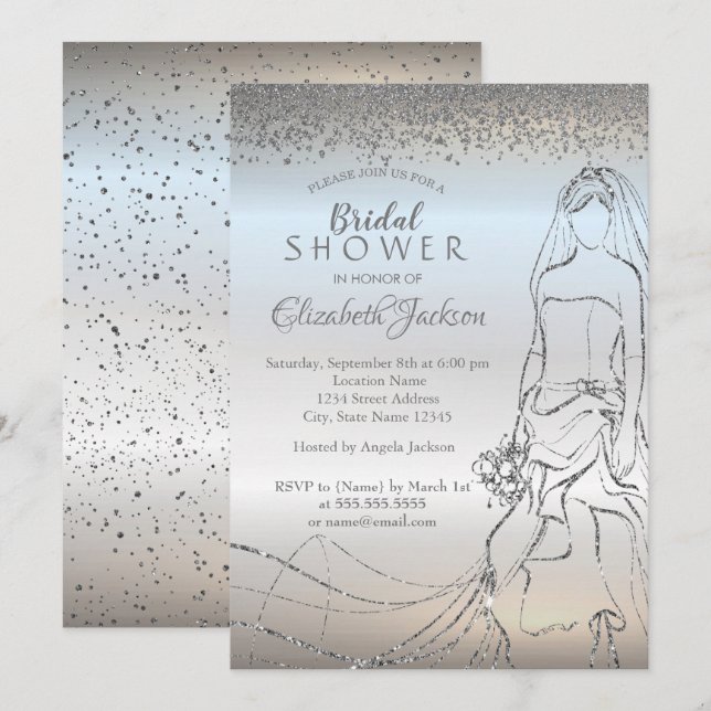 Invitation Élégante mariée en argent, Fête des mariées en dia (Devant / Derrière)