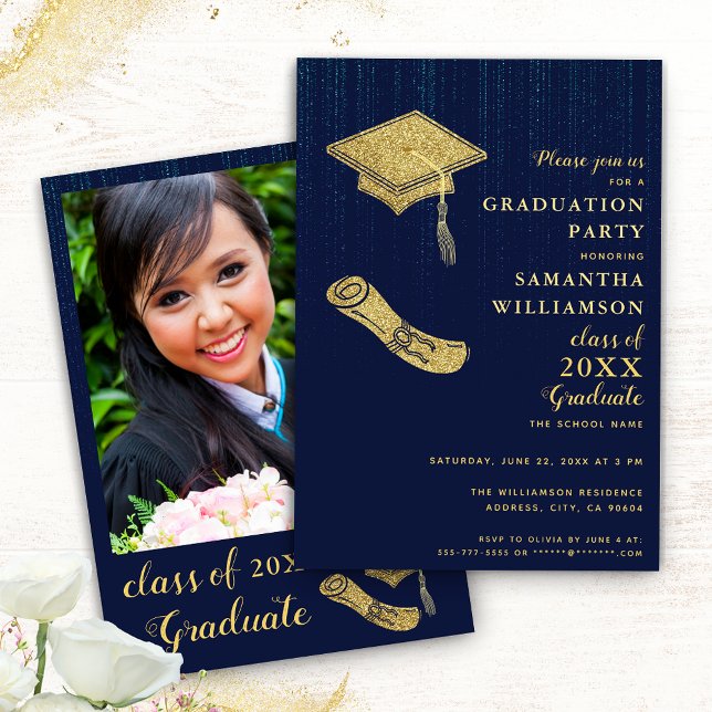 Invitation Élégante Marine Bleu et Gold Graduation Party (Créateur téléchargé)