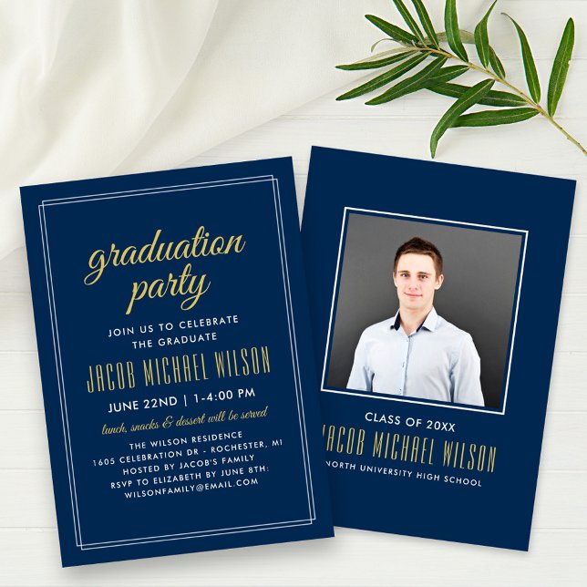 Invitation Élégante Marine Bleu et Gold Graduation Party (Créateur téléchargé)