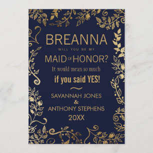 Invitation Elégante Marine bleu et or Floral Maid of Honor