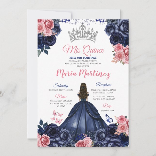 Invitation Elégante Marine Bleu Papillon rose Floral Mis Quin (Devant)