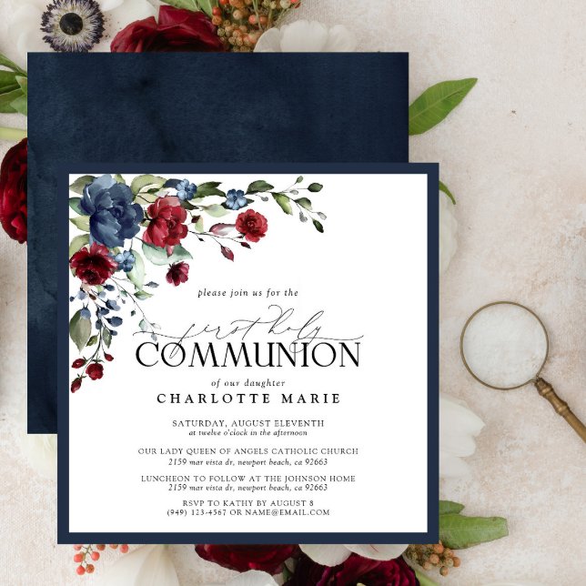 Invitation Élégante Marine Bleue Bourgogne Première Sainte Co (Créateur téléchargé)