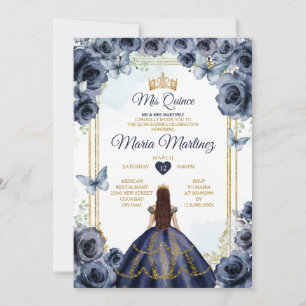 Invitation Elégante Marine Bleue Floral Princesse Quiñceanera