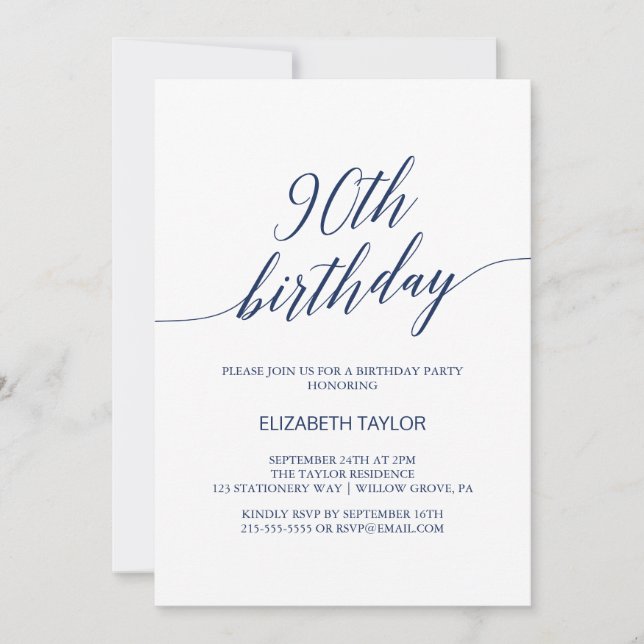 Invitation Élégante Marine Blue Calligraphy 90e anniversaire (Devant)