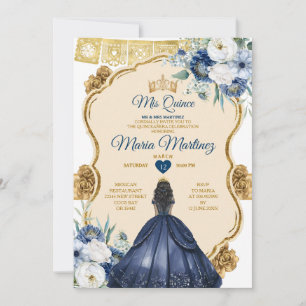 Invitation Elégante Marine Blue Floral Princesse Quinceañera